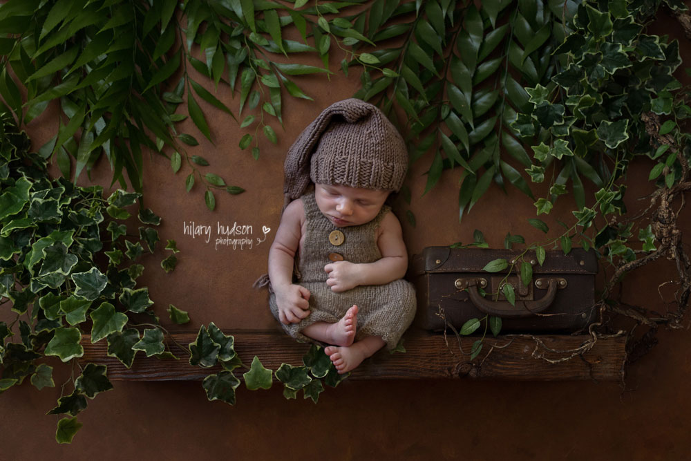 Newborn baby boy in a rustic brown romper, asleep on a vine covered shelf